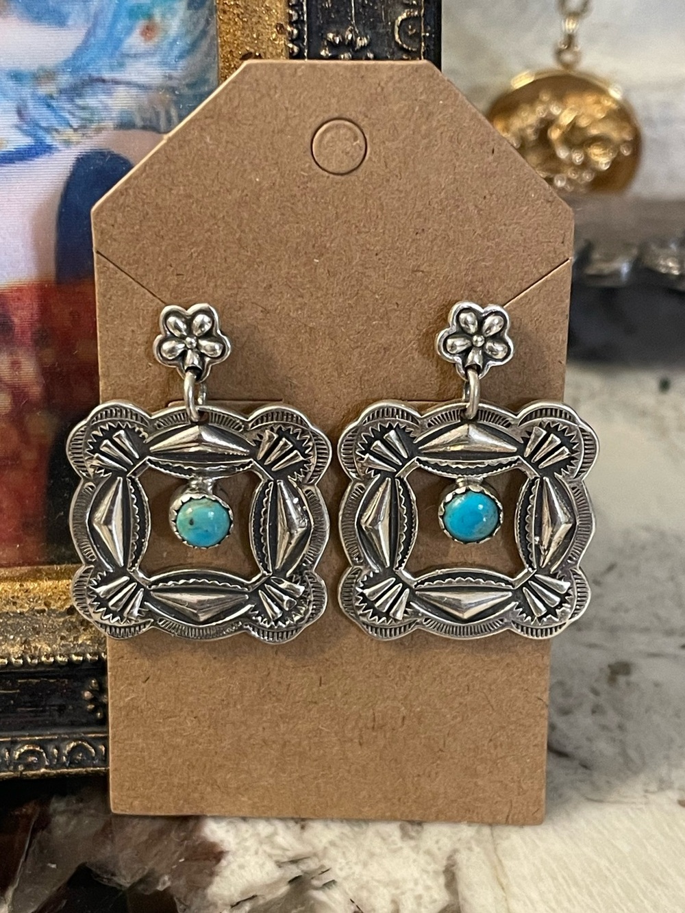 Concho Turquoise Sterling Silver Stamped Open Floral Square Drop Earrings 1 3/8”